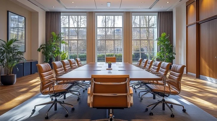 A boardroom with tall windows, natural light and plants